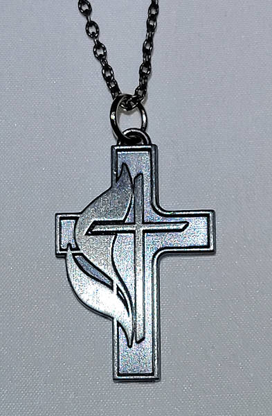 Pewter Cross and Flame Confirmation Pendant with 24 Inch Chain