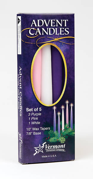 Advent Candles Set of 5 (3 Purple, 1 White, 1 Pink) 10" Tapered