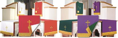 Picture of Embroidered Reversible Ten-Piece Parament Set  3pc Red/White + 3pc Purple/Green +2 Flowerstand + 2 Stole