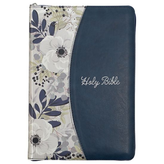 Picture of KJV Large Print Thinline Bible Two-Tone Blue/Printed Floral with Zipper Faux Leather