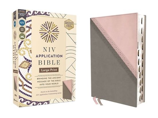 Picture of NIV Application Bible, Large Print, Leathersoft, Pink/Gray, Red Letter, Thumb Indexed, Comfort Print
